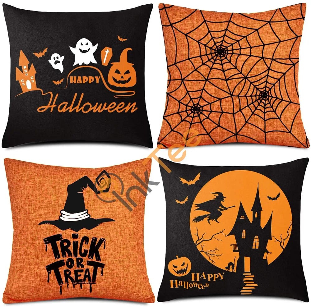 4 Pieces Halloween Pillow Case, Orange And Black Pillow Cover, Happy Halloween Linen Sofa Bed Throw Cushion Personalized Gifts