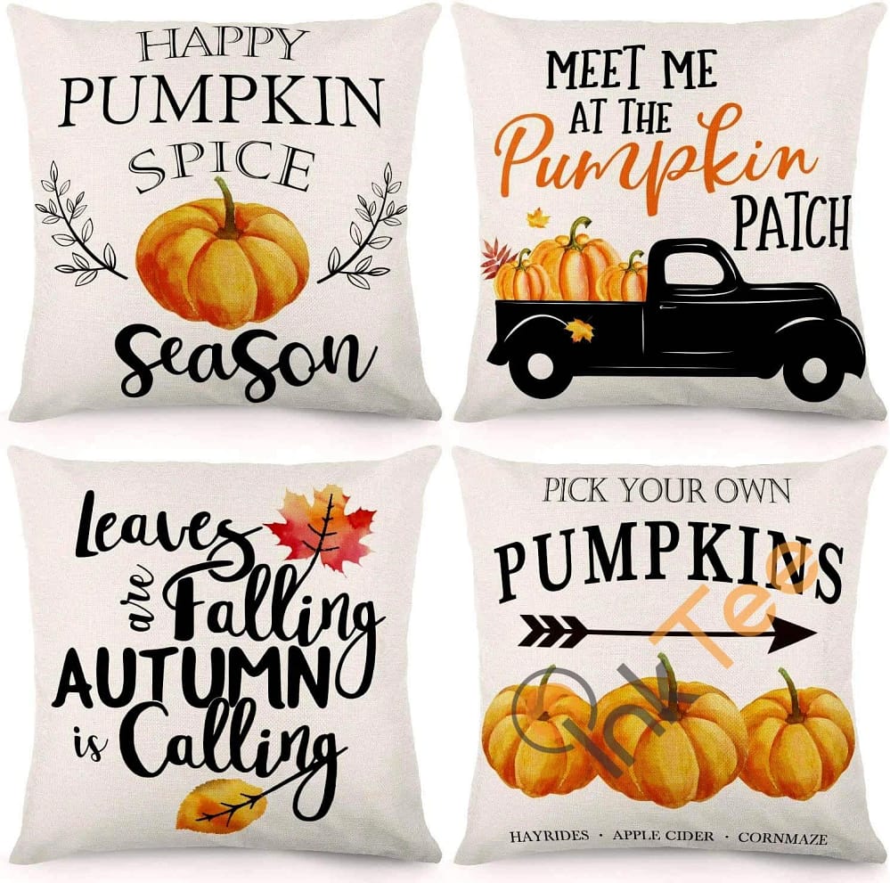 Set Of 4 Pumpkin Truck Leaves Autumn Theme Farmhouse Pillowcase Cotton Linen Personalized Gifts
