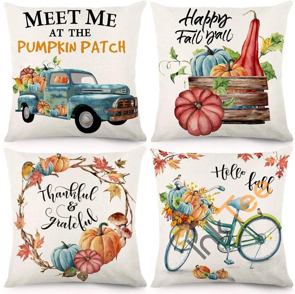 Set Of 4 Pumpkin Thanksgiving Farmhouse Decorative Autumn Pillowcase Cotton Linen Cushion Case Personalized Gifts