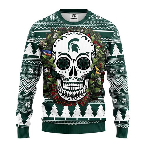 Ncaa Michigan State Spartans Skull Flower Christmas Ugly Sweater