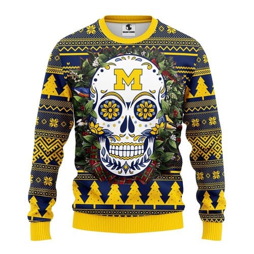 Ncaa Michigan Wolverines Skull Flower Christmas Ugly Sweater