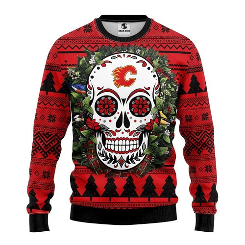 Nhl Calgary Flames Skull Flower Christmas Ugly Sweater