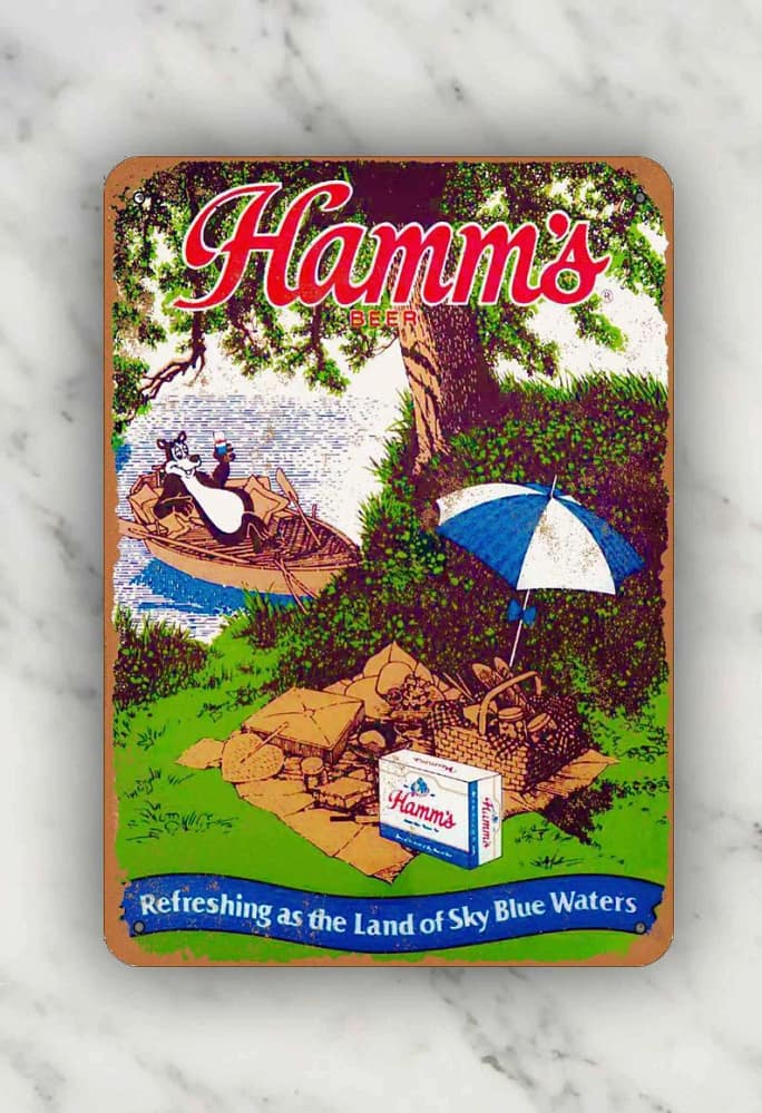 1960s Hamm's Beer Refreshing As The Land Of Sky Blue Waters Metal Sign