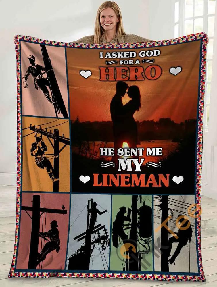 I Asked God For A Hero He Sent Me My Lineman Husband And Wife Sunset Ultra Soft Cozy Plush Fleece Blanket