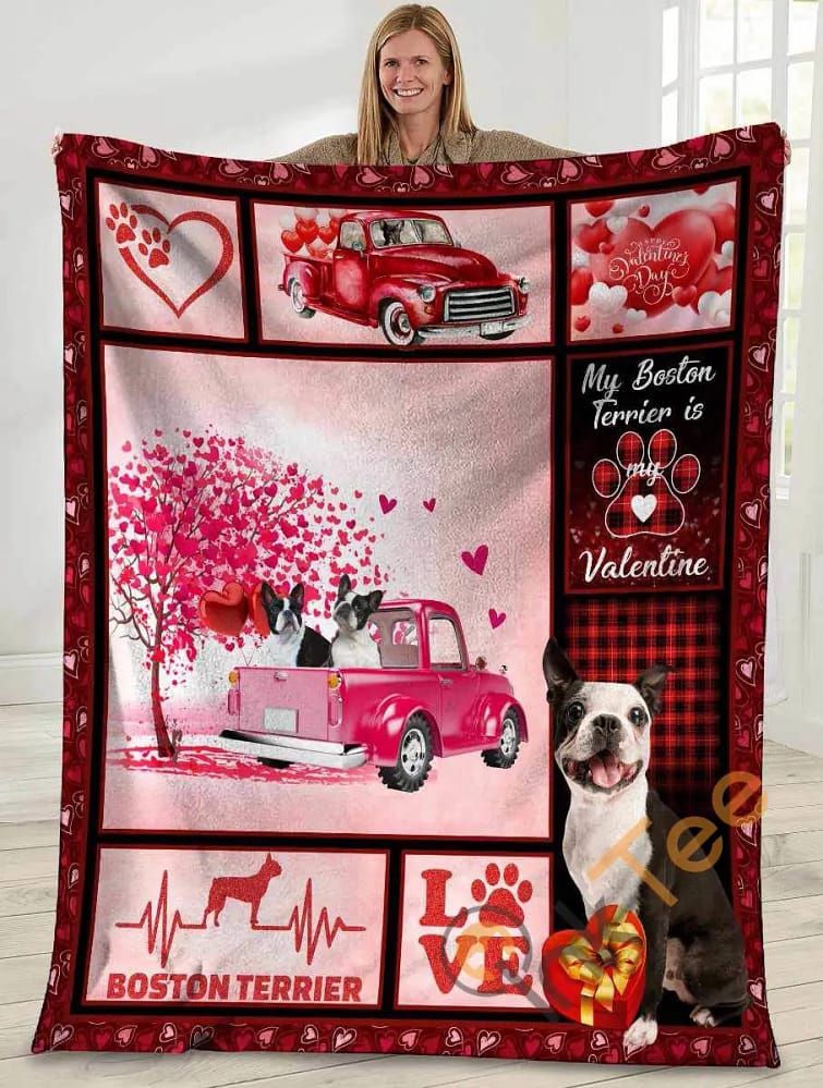 Valentine's Day Gifts My Boston Terrirer Is My Valentine Boston Terrier Dog Pink Truck Ultra Soft Cozy Plush Fleece Blanket
