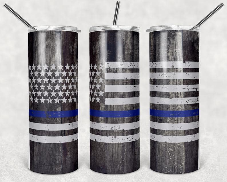 Blue Faux Wood Police Flag Thin Blue Line Stainless Steel Tumbler
