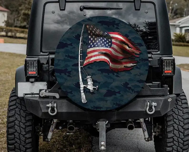 Fishing Rod American Flag Tire Cover