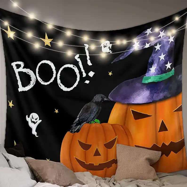 Boo Halloween Fall Harvest Pumpkins With Witches Hat Ghost Wall Art Decor Halloween Gifts Tapestry
