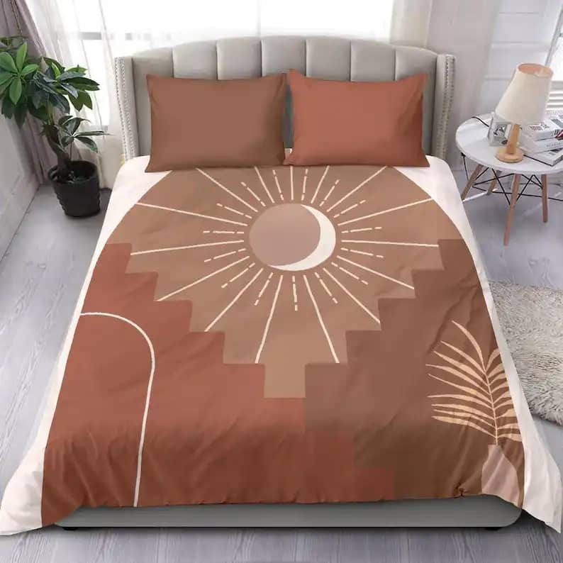 Contemporary Art Brown And Orange Geometric Sunset Quilt Bedding Sets