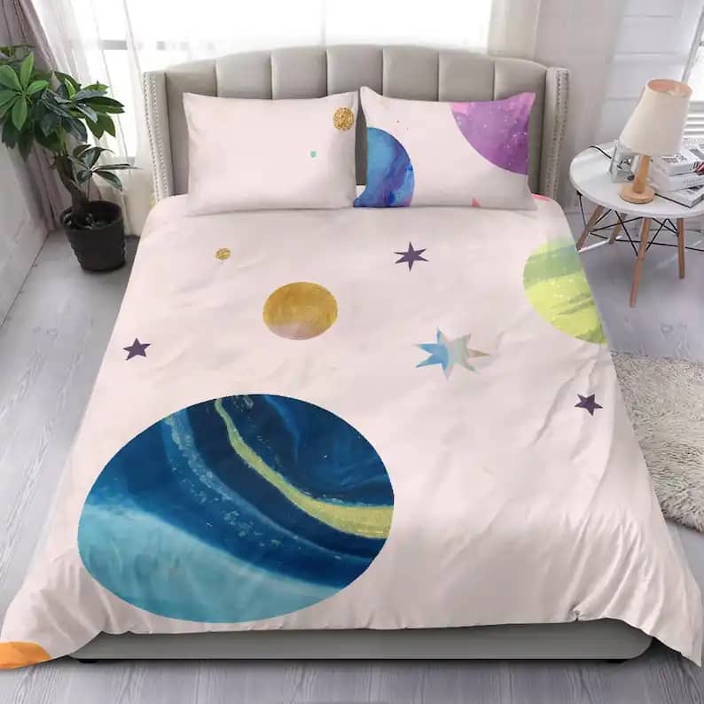 Sky Galaxy With Colorful Planets And Stars Quilt Bedding Sets