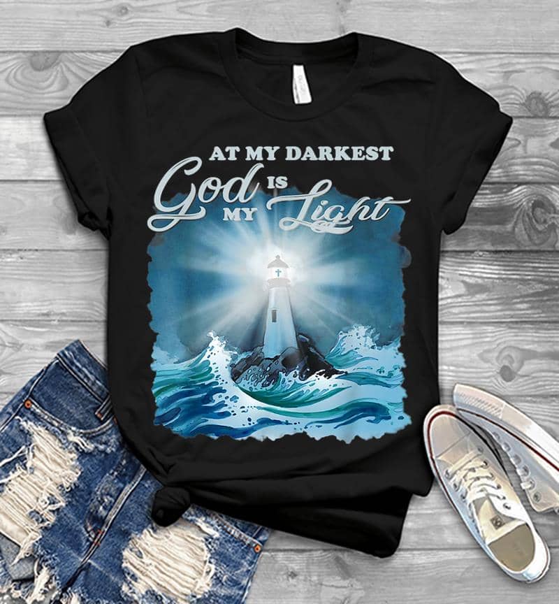 At My Darkest God Is My Light, Lighthouse Jesus Christian Mens T-shirt