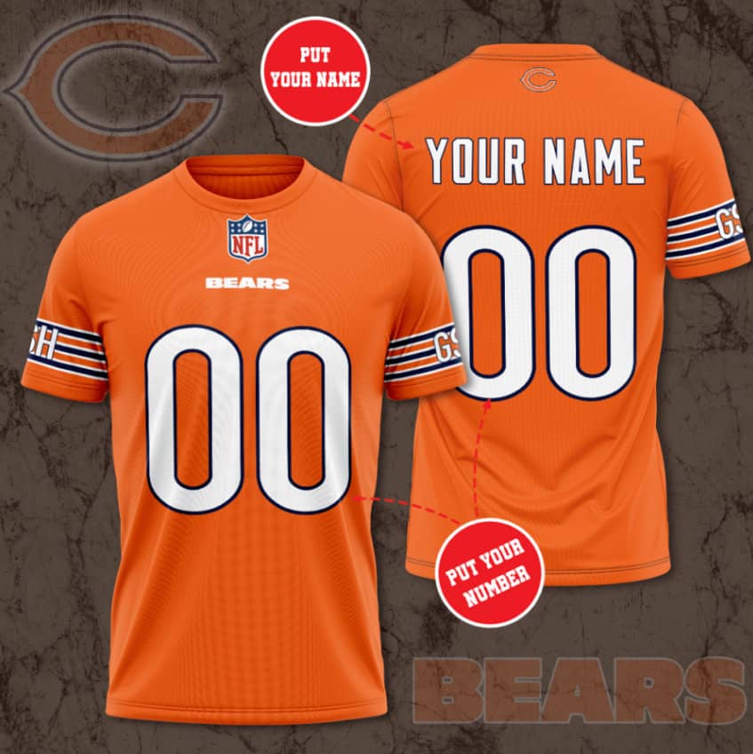 Chicago Bears Orange Custom Jersey Nfl Personalized 3D T-shirts