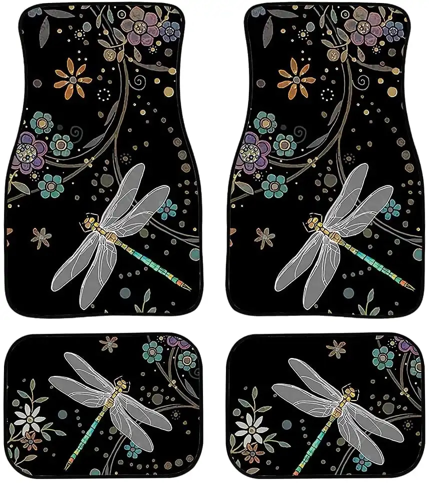 Floral Dragonfly With Beautiful Flower Hippie Art Car Floor Mats