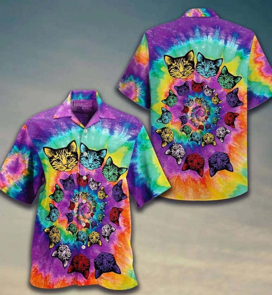 Cat Lover Multi Cute Tiedye Summer Vacation Gift For Mom Dad Birthday Hawaiian Shirts