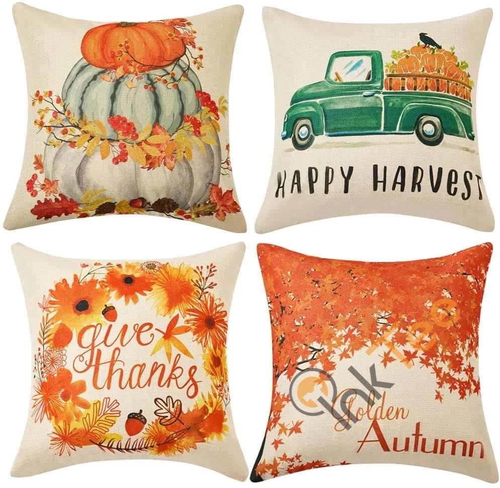 Set Of 4 Fall Pillow Covers 18x18 Inch Happy Harvest Give Thanks Golden Autum Theme Cotton Linen Personalized Gifts