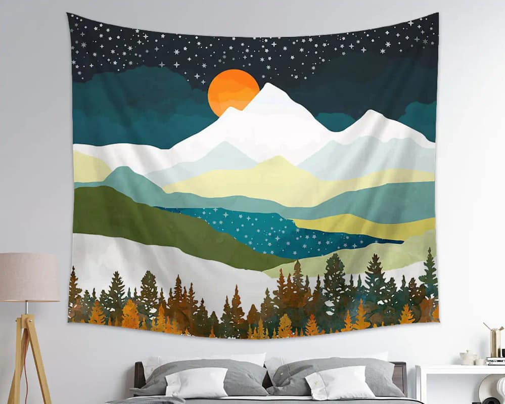 Forest In The Night Mountain Wall Art Tapestry