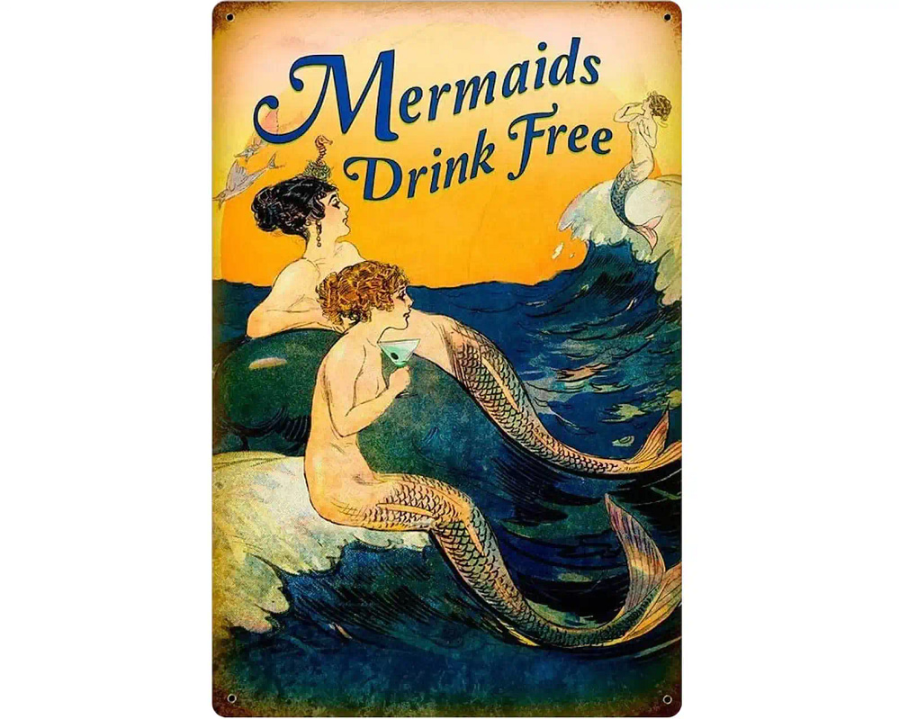 Mermaids Drink Free Vintage Art Coffee Bar Signs Home Decor Gifts Decoration Metal Sign