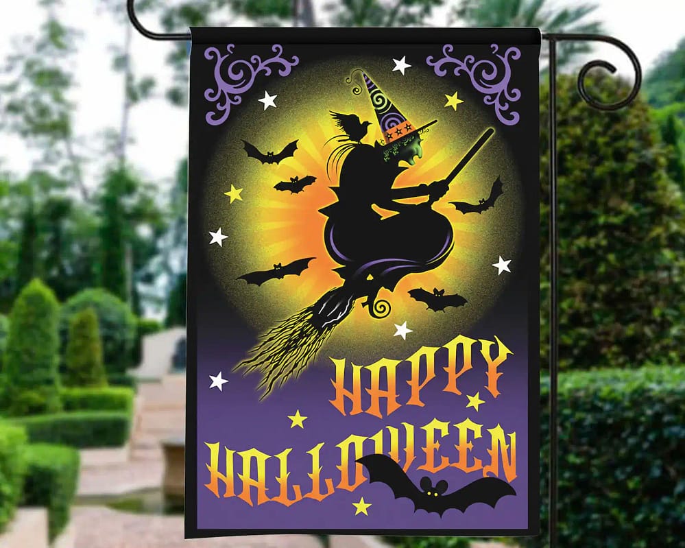Witch With Broomstick Halloween Flag Gift Decoration Garden Flag