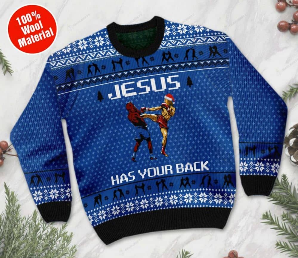 Inktee Store - Jesus Has Your Back Muay Thai Ugly Christmas Sweater Image