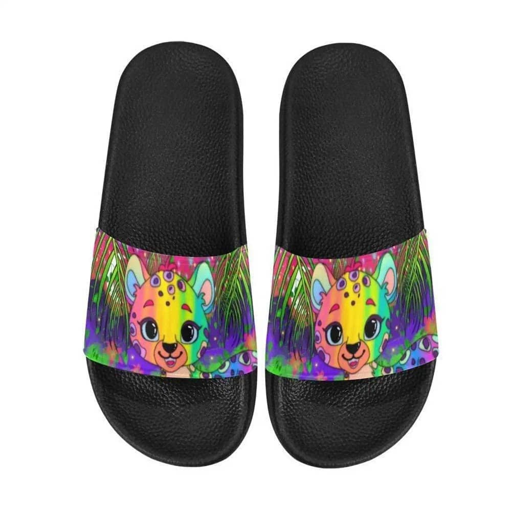 90s Lisa Frank Inspired Rainbow Cute Jungle Cat Slide Sandals