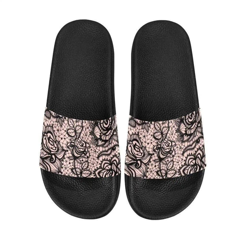 Black Rose Lace On Neutral Tone Background Slide Sandals