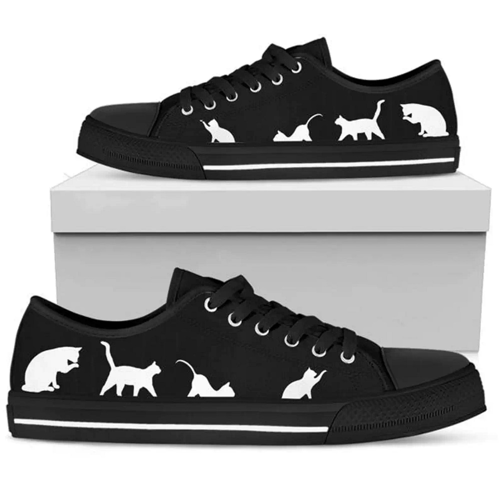 Black White Cats Sneakers Laces Fashion Low Top Sneakers