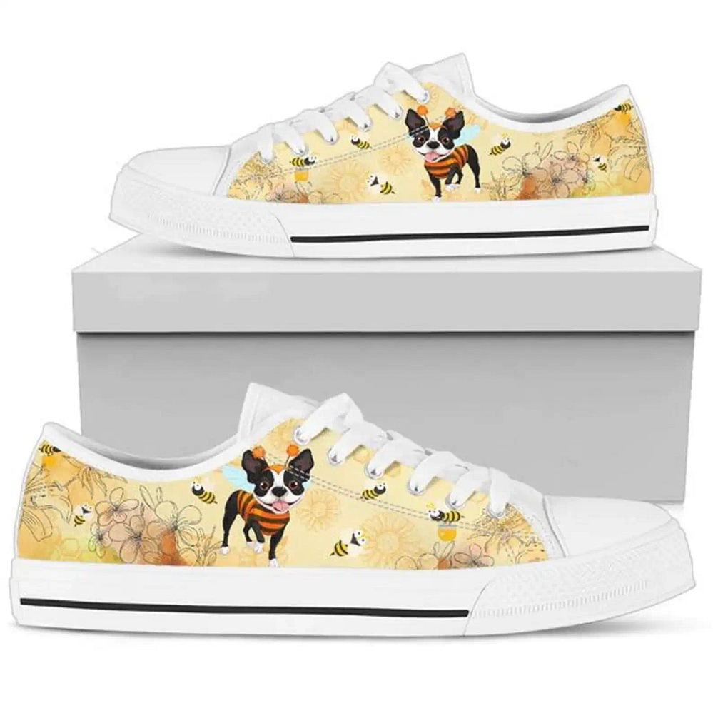 Boston Terrier Art Shoes Bee And Flower Low Top Sneakers