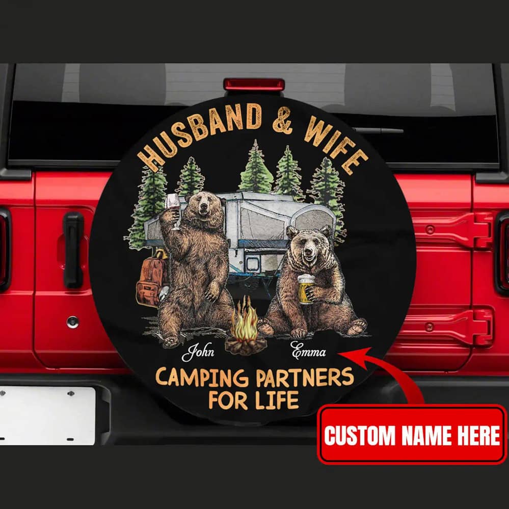 Camping Partner Vintage Bear Couple Tire Cover