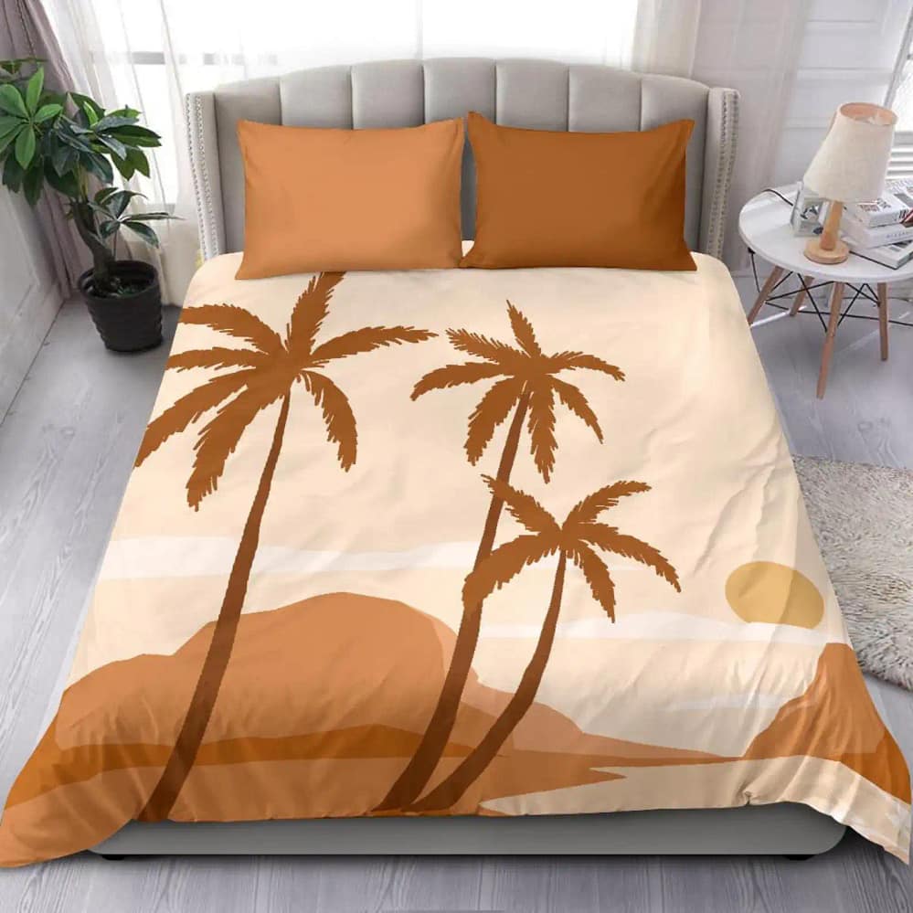 Cool Orange Beach And Palm Tree California Landscape Quilt Bedding Sets