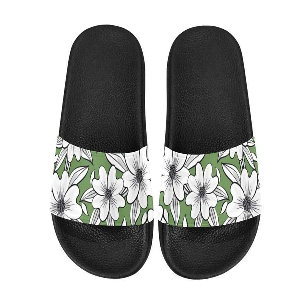 Dogwood Flower Sketch On Green Slide Sandals