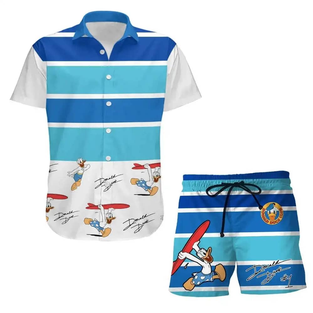Donald Duck Surfing Disney Summer Tropical Print Vacation Shorts Set Unisex Cartoon Graphic Outfits Men Women Hawaiian Shirts
