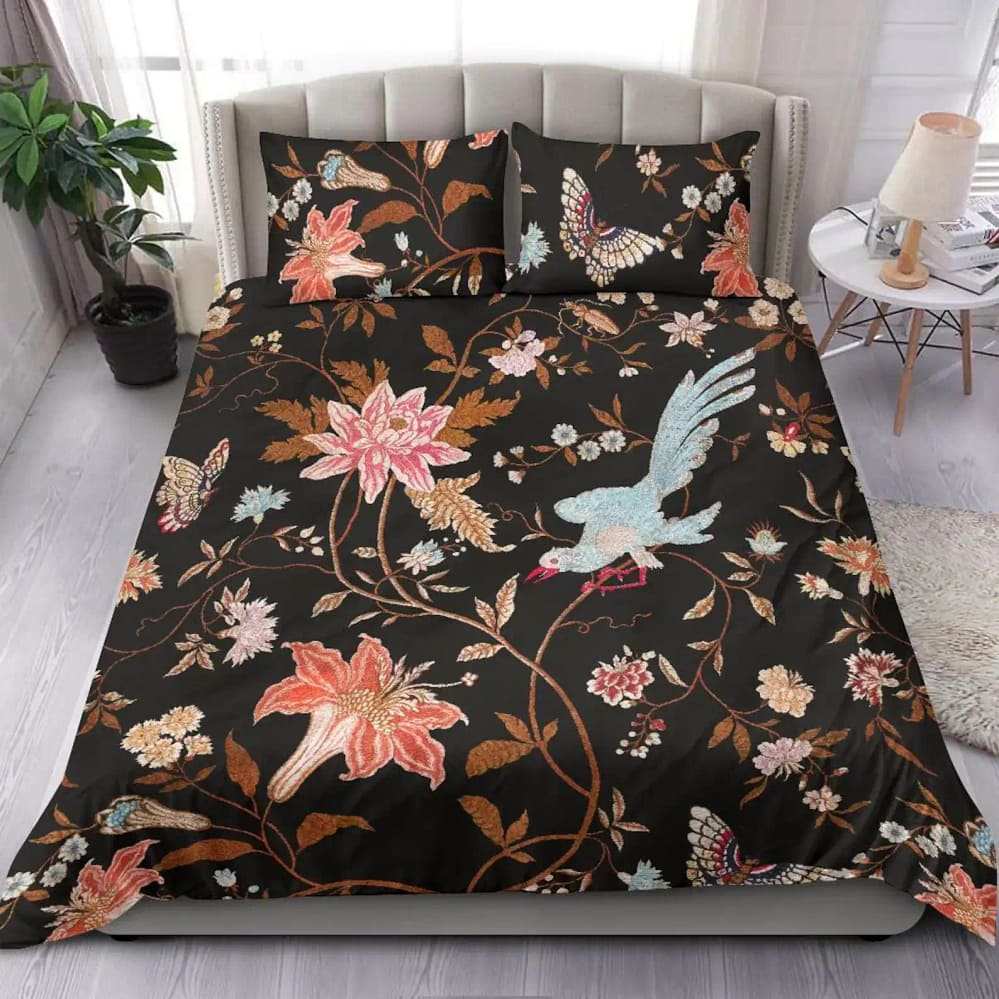 Fancy Black Boho Chic Flower Vines Quilt Bedding Sets