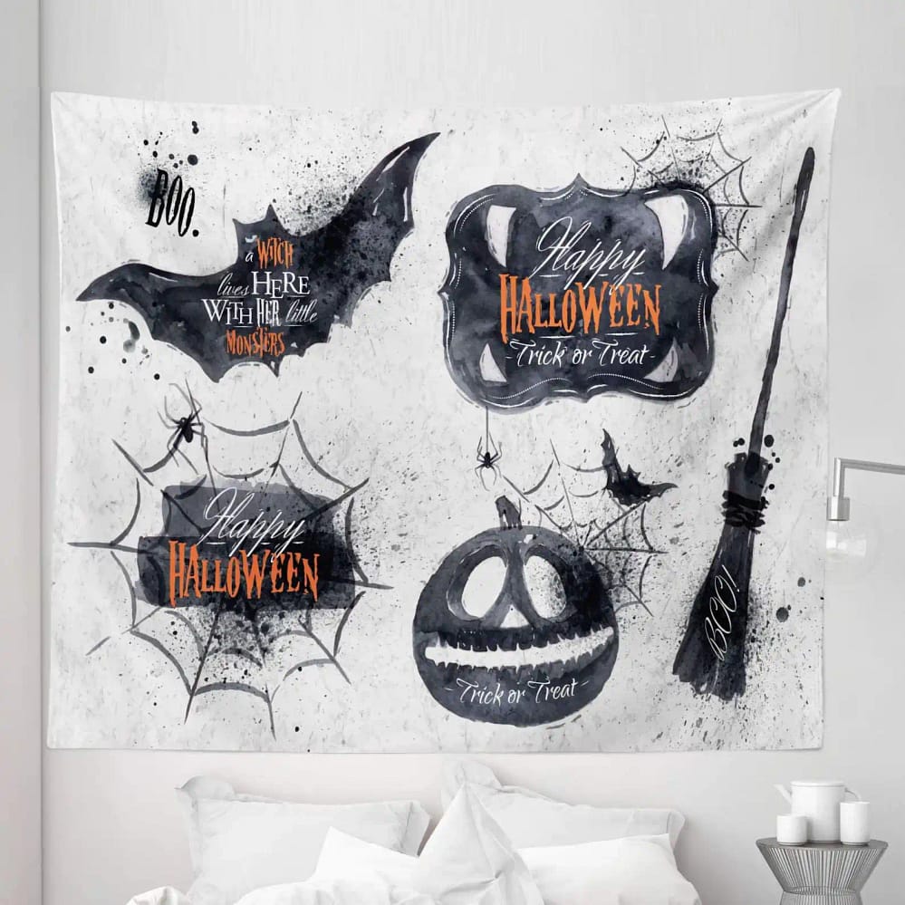 Happy Holiday Witch Lives Here Broomstick Spider Web Pumpkin Wall Art Decor Halloween Gifts Tapestry