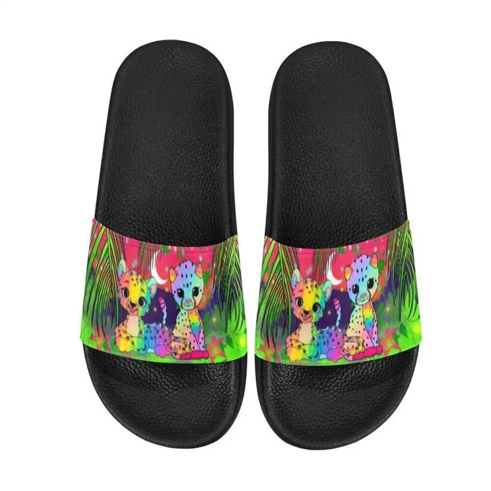 Lisa Frank Inspired Rainbow Jungle Cats Slide Sandals