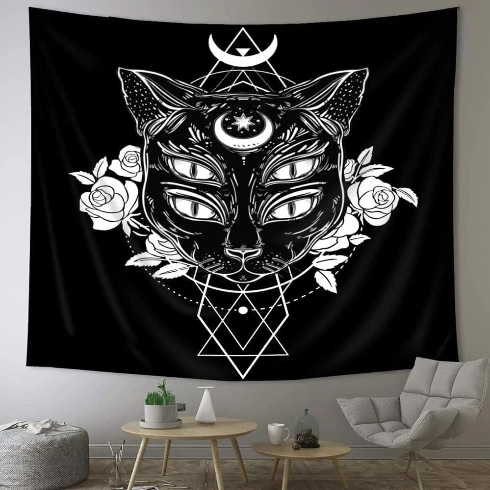 Moon And Four Eyes Goth Tattoo Foronly Black Cat Halloween Wall Art Decor Halloween Gifts Tapestry