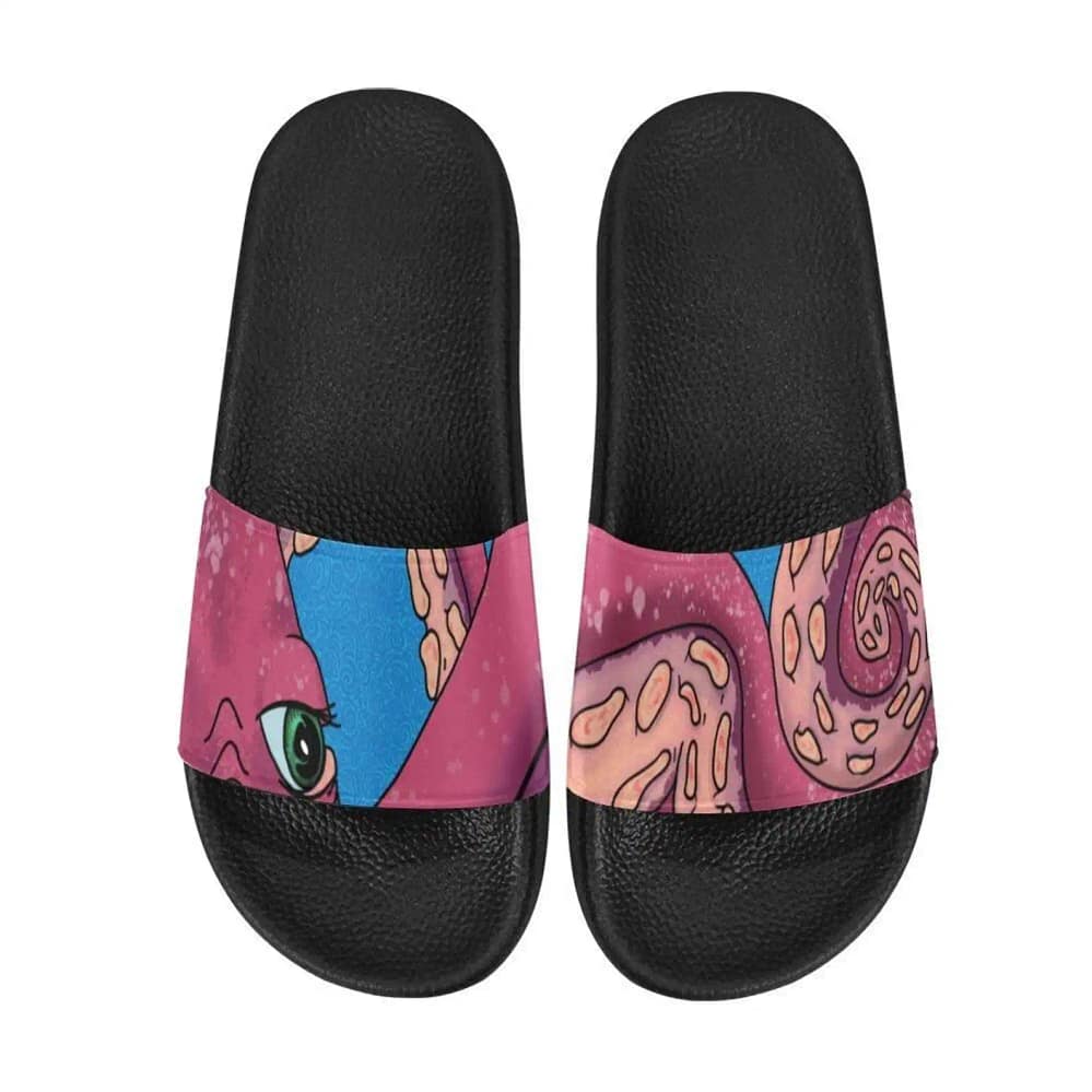 Pink Octopus Tentacles Across Both Straps Of Shoes Slide Sandals