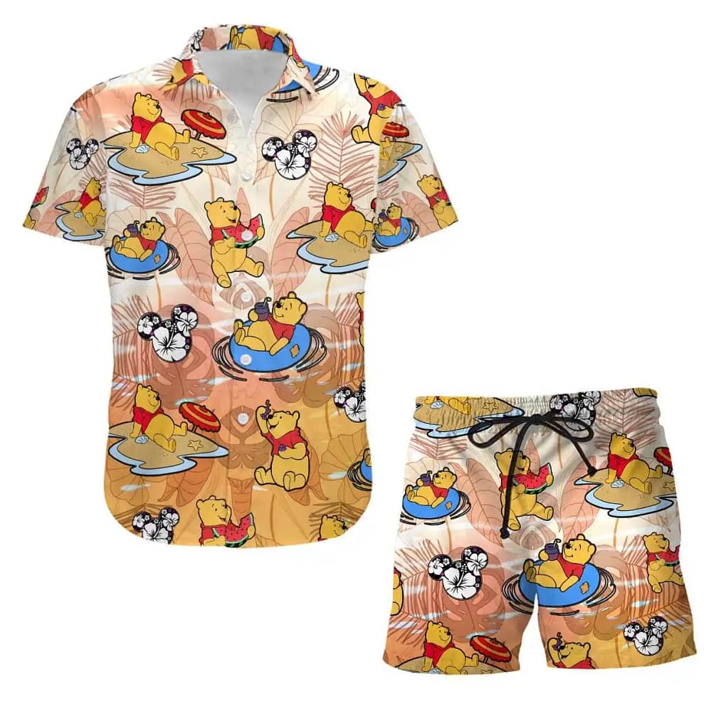 Pooh Swimming Beach Disney Summer Tropical Print Vacation Shorts Set Unisex Cartoon Graphic Outfits Men Women Hawaiian Shirts