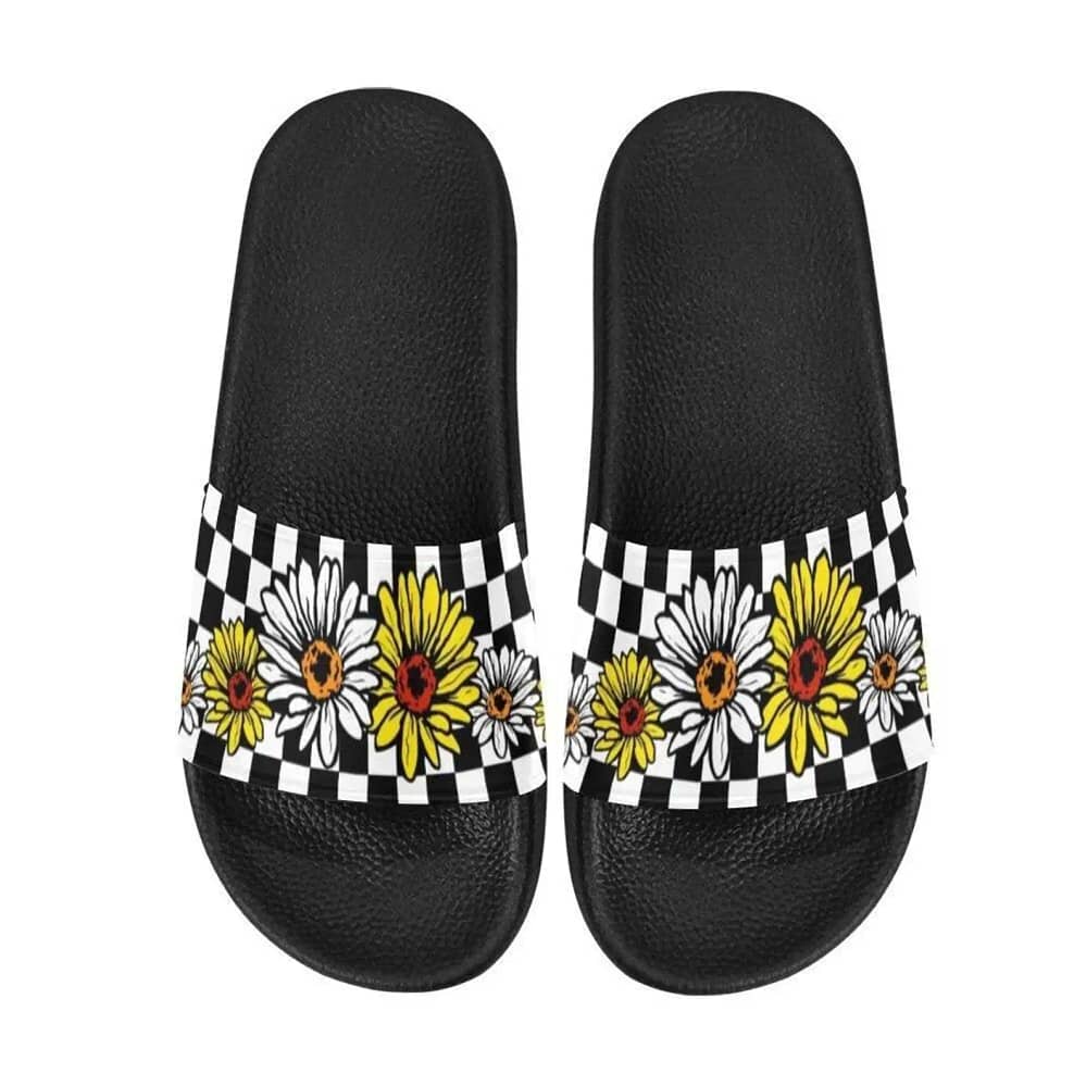 Sunflowers Checkered Print Slide Sandals