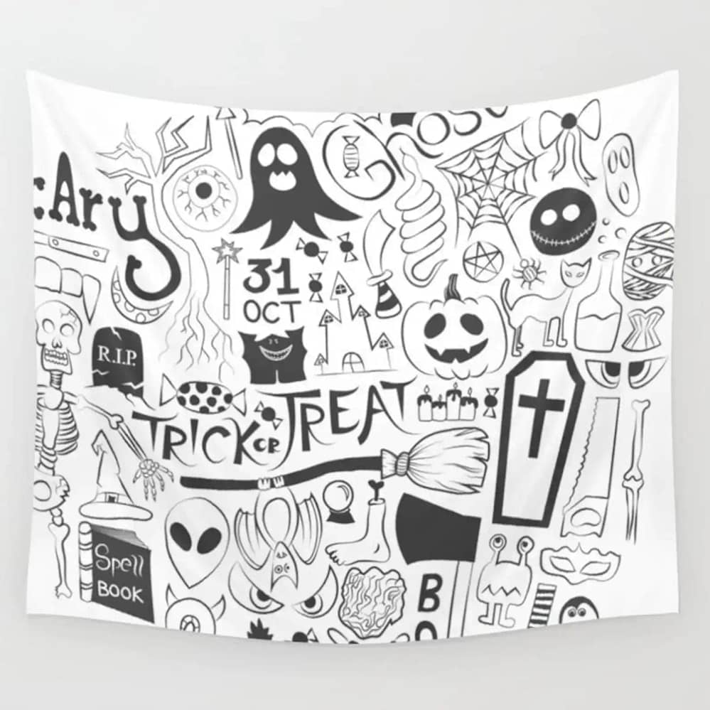 Trick Or Treat Jack Pumpkin Ghost Spider Black And White Wall Art Decor Halloween Gifts Tapestry