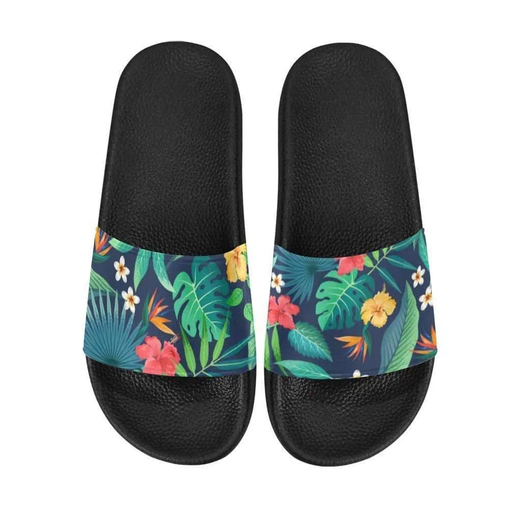 Tropical Botanical Foliage With Lilly And Star Flowers Slide Sandals
