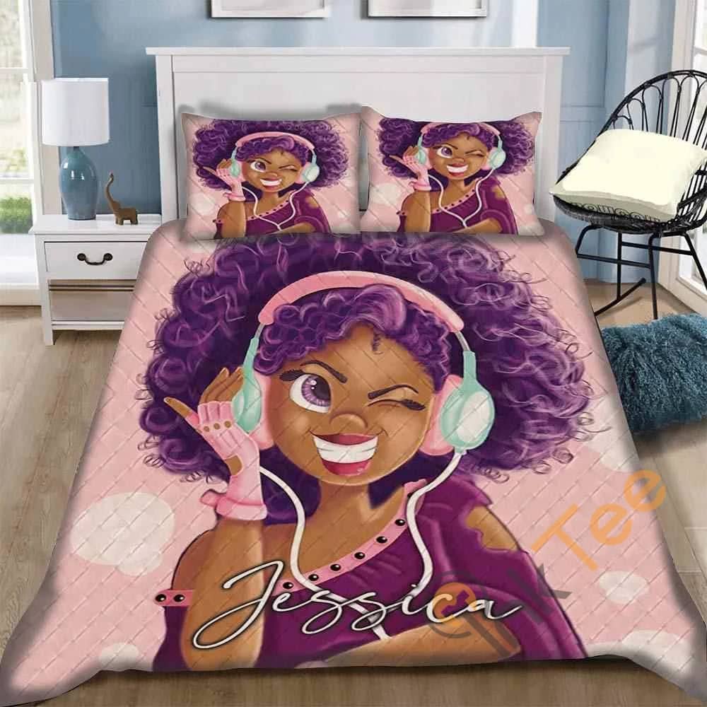 Custom Black Girl Cute Purple Music Quilt Bedding Sets