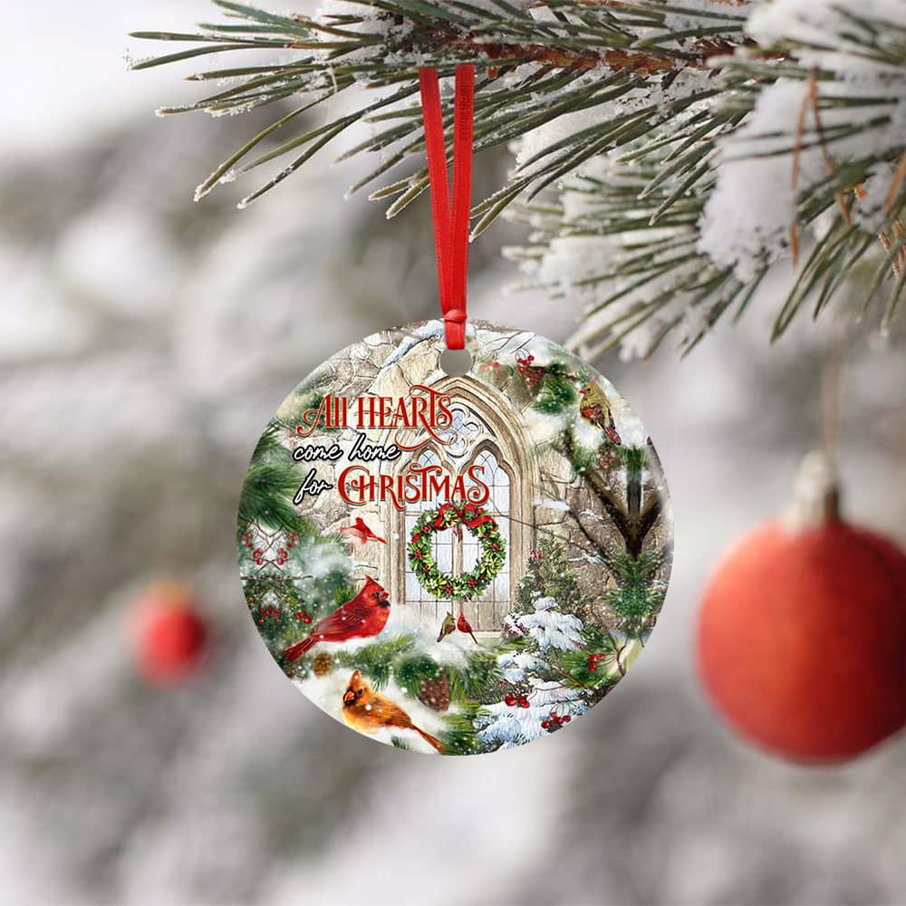 All Hearts Come Home For Christmas Cardinal Ceramic Circle Ornament Personalized Gifts