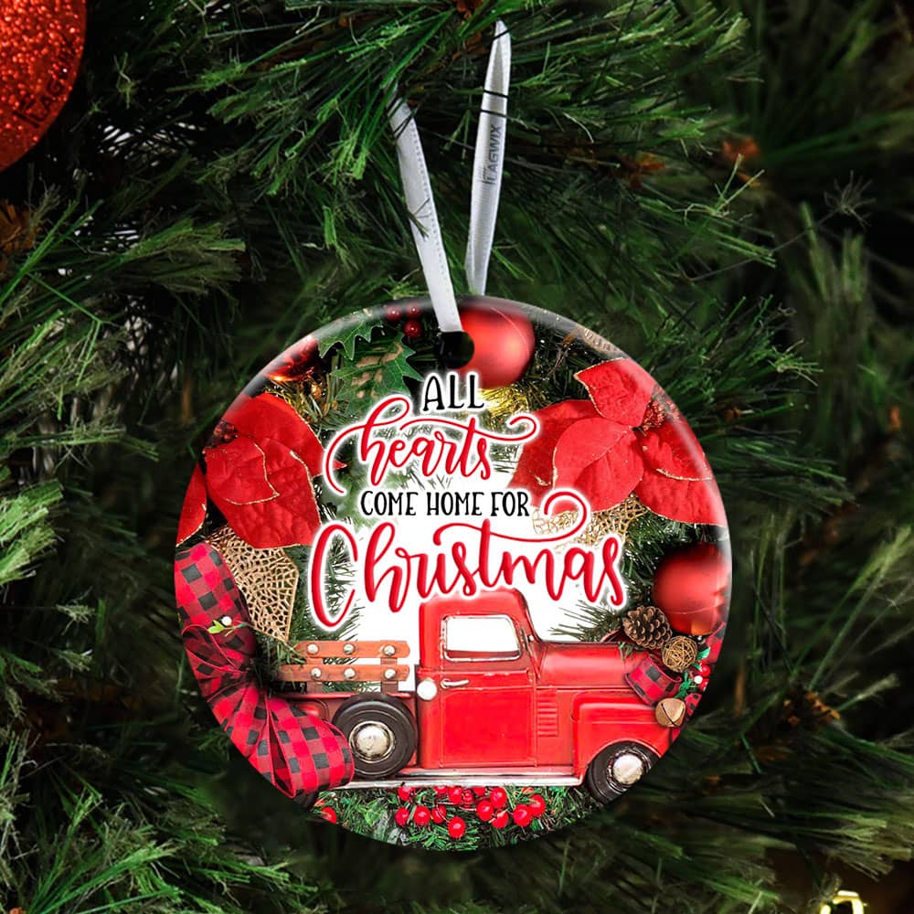 Inktee Store - All Hearts Come Home For Christmas Red Truck Christmas Wreath Ceramic Circle Ornament Personalized Gifts Image