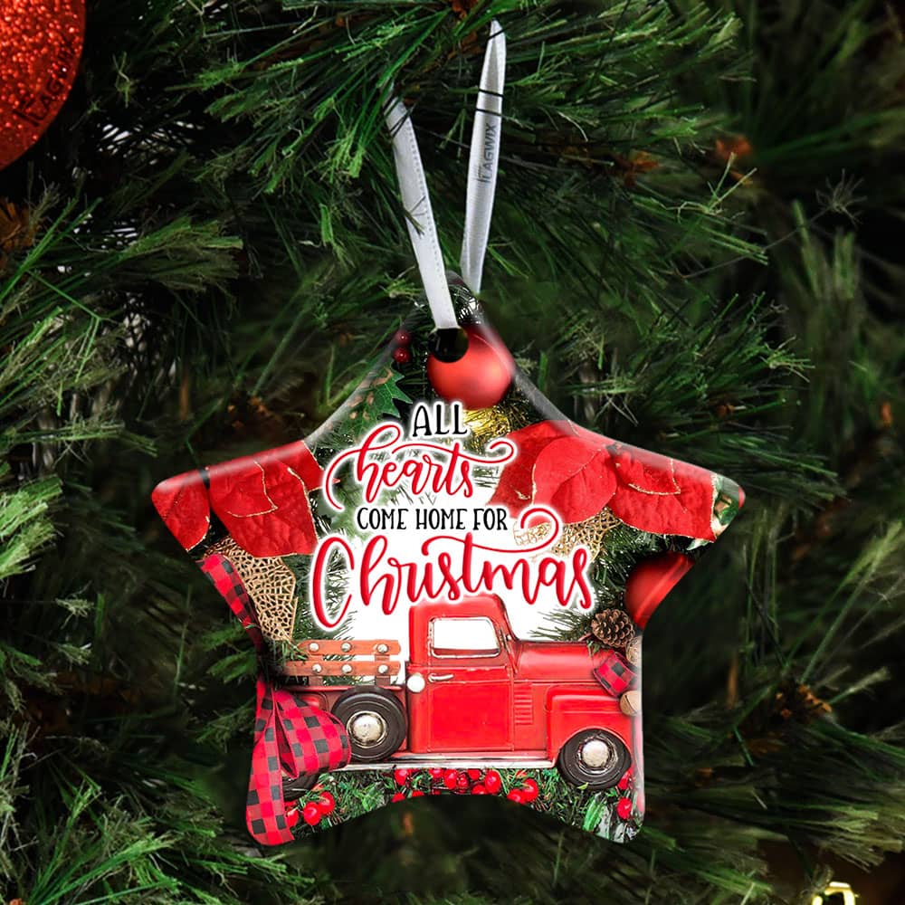 All Hearts Come Home For Christmas Red Truck Christmas Wreath Ceramic Heart Ornament Personalized Gifts