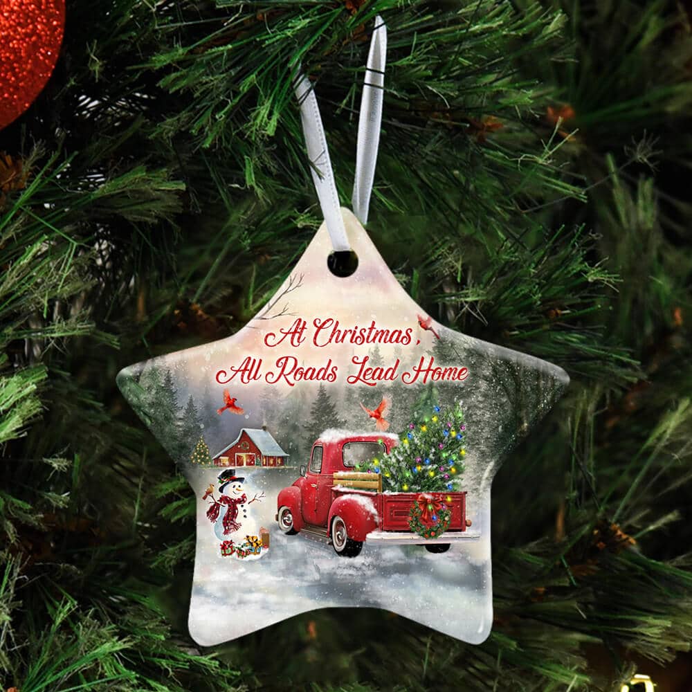 Inktee Store - At Christmas All Roads Lead Home Ceramic Heart Ornament Personalized Gifts Image