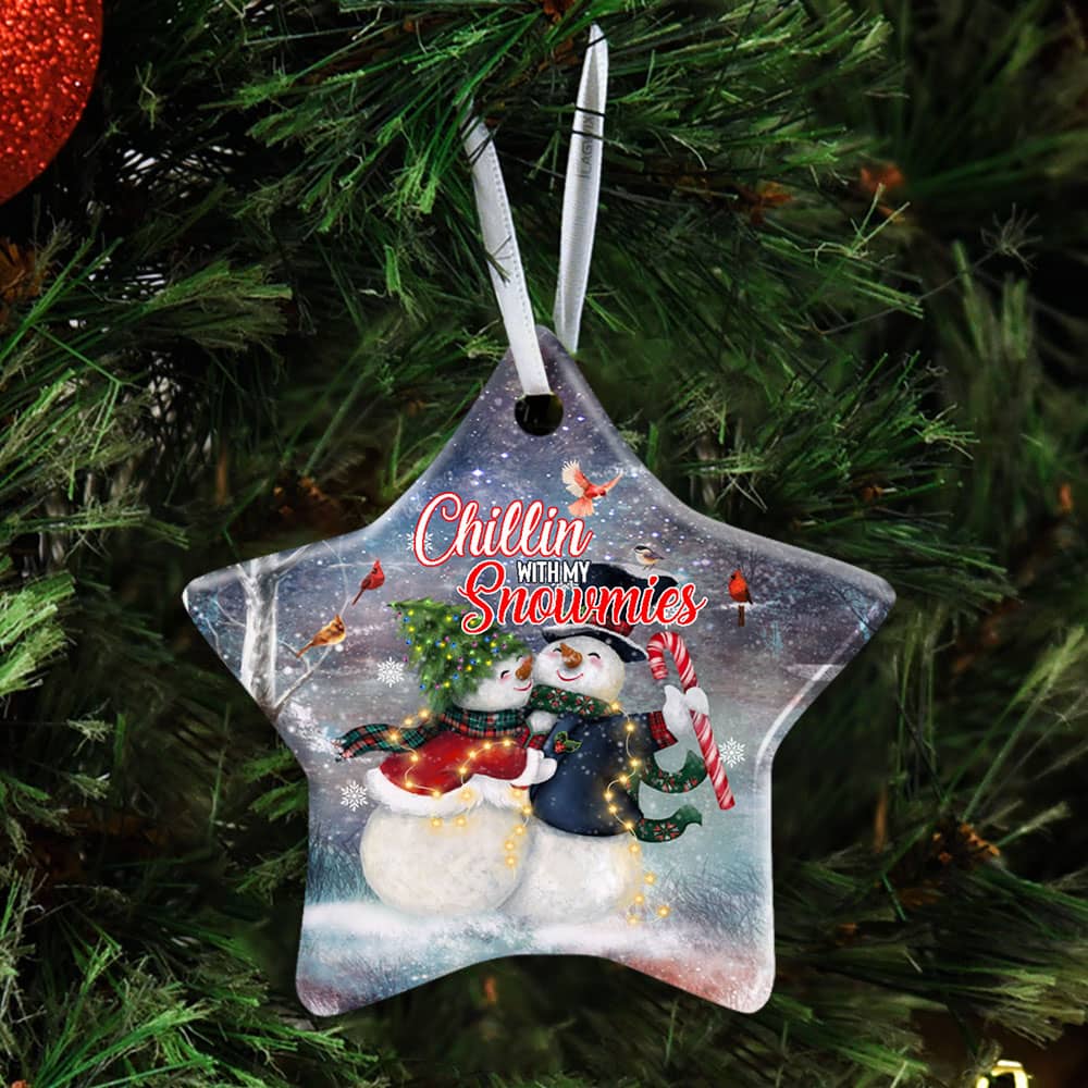 Chillin With My Snowmies Snowman Christmas Ceramic Heart Ornament Personalized Gifts