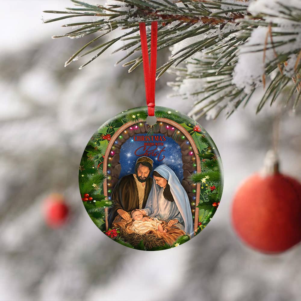 Christmas Begins With Christ Ceramic Circle Ornament Personalized Gifts
