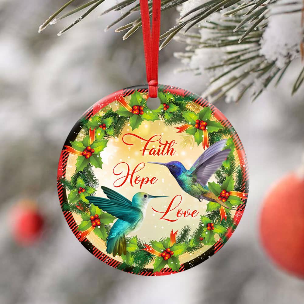 Inktee Store - Faith Hope Love Hummingbird Christmas Ceramic Circle Ornament Personalized Gifts Image