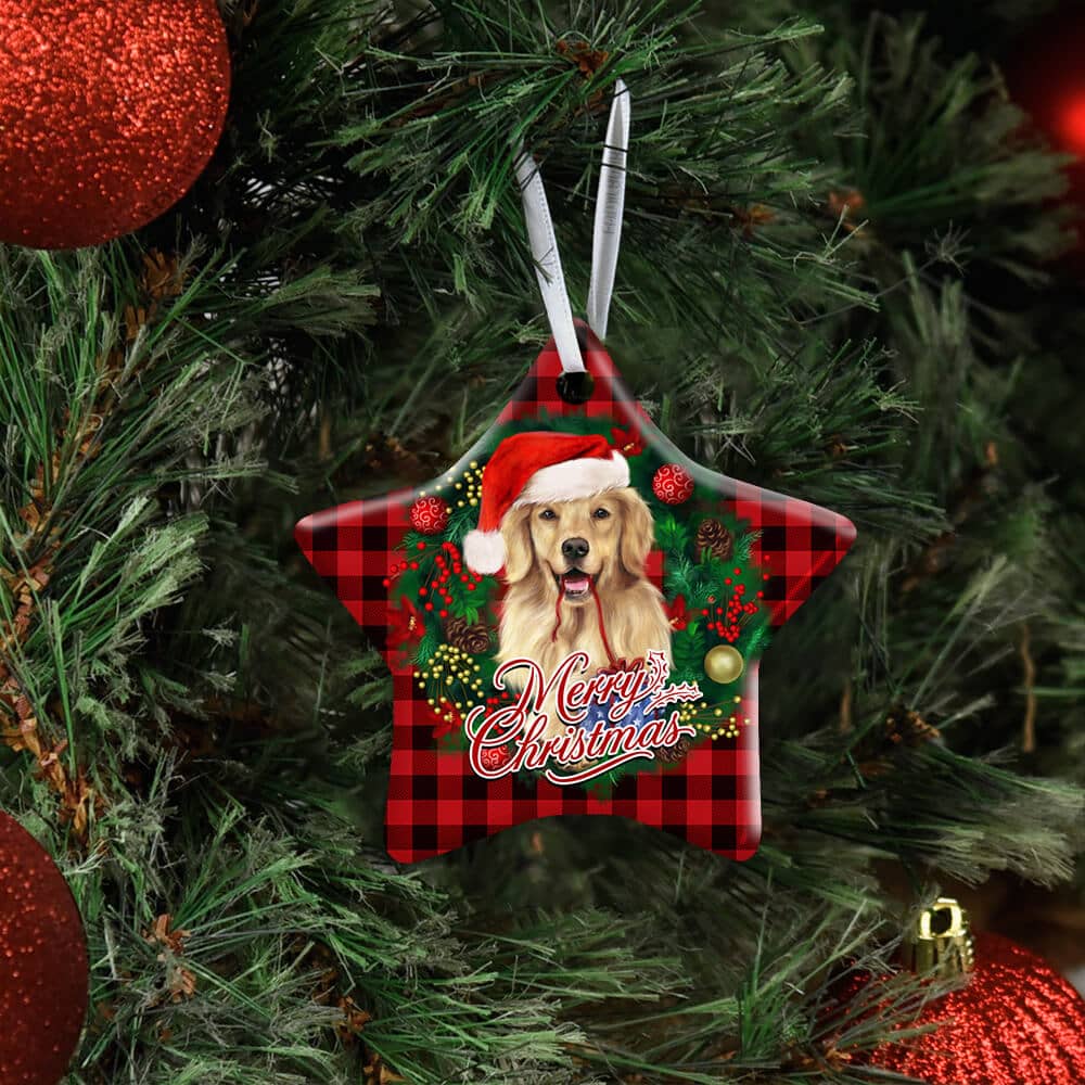 Inktee Store - Golden Retriever Wreath Christmas Ceramic Heart Ornament Personalized Gifts Image