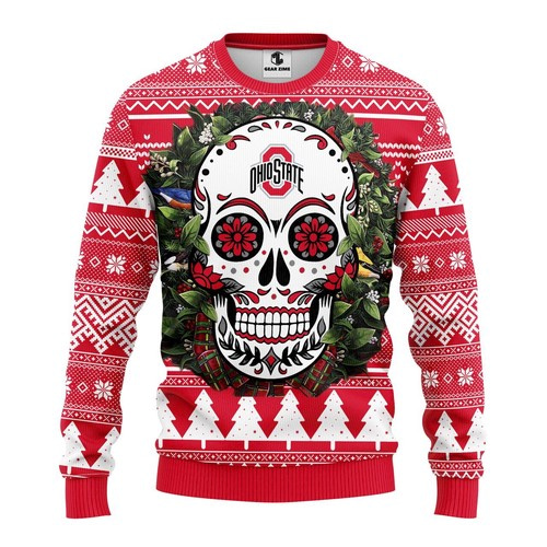 Ncaa Ohio State Buckeyes Skull Flower Christmas Ugly Sweater